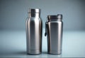 Mock-ups of a steel coffee bottle and a stainless thermos water bottle.