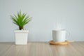 Mockp coffee mug with palm tree on a table Royalty Free Stock Photo
