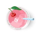 Mocktail or alcoholic beverage in glass with ice cube, cherry and straw.