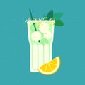 Mocktail with lemon. Cool drink with gin tonic and ice balls. Vector illustration
