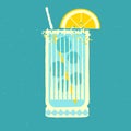 Mocktail with lemon. Cool drink with ice balls. Vector elegant glass