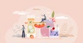 Mocktails as cold and fresh drink with berries and fruits tiny person concept