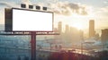 A mockup advertisement billboard towering above the bustling streets of a modern city