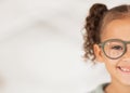 Mockup, advertising and girl with glasses from optometrist for vision in eyes at a clinic, store or shop. Half, happy Royalty Free Stock Photo