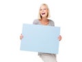 Mockup, advertising and woman with a poster marketing, news and billboard for sale, deal or giveaway. Portrait, blonde