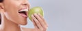 Mockup, apple bite or woman eating in studio on white background for healthy nutrition or clean diet. Closeup, space on