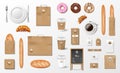 Mockup for Bakery shop, Cafe, restaurant Brand identity. Realistic Bakery package mockup cup, pack, baguette, croissant