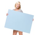 Mockup, billboard and woman with poster marketing, advertising and branding for sale, deal or giveaway. Portrait, blonde