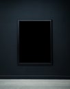Mockup black blank space in thin square picture frame, vertical style, isolated on dark background. Royalty Free Stock Photo
