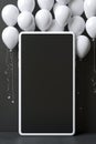 Mockup black frame with balloons and blank screen on grey wooden background. 3 d rendering