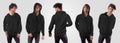 Mockup of black hoodie with pocket, zip fastener on posing guy in jeans, isolated on background