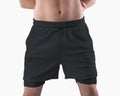 Mockup of black loose shorts for running, training, undershorts with a compression line of underpants, stretch lining, with ties