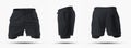 Mockup of black loose sport shorts with compression lining, 3D rendering, isolated on background, front, back, side view