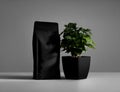 Mockup of a black matte pouch with a valve, arabica in a pot, zip package for design presentation, print, branding