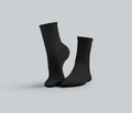 Mockup of black medium socks with textured elastic band, 3D rendering, front view, one ankle stretched, for design, branding,