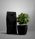 Mockup of a black zip package, a stylish presentation of a pouch with a valve for coffee beans, a green Arabica tree