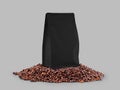 Mockup of black zip packaging gusset, on coffee beans, isolated on background, close-up left side Royalty Free Stock Photo