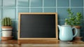 Mockup blackboard with cactus and small jug on table, ai generated Royalty Free Stock Photo
