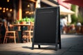 Mockup blank chalkboard menu, for restaurant, coffe shop, bar, copy space, in a terrace with blurred people in background, Royalty Free Stock Photo