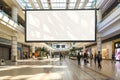 Mockup of a blank, empty billboard, facing the camera, large and busy shopping mall hall, blurred moving people Royalty Free Stock Photo