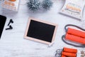 Mockup blank empty black Chalkboard for New Year resolutions healthy background concept on grunge whtie wood with Christmas Royalty Free Stock Photo