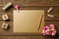 Mockup blank envelop on wood table for Valentine`s Day. Mock up for elegant design. Flat lay top view valentine`s day background