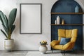 Mockup of blank frame in modern Scandinavian vivid interior with armchair, sculpted arch and green plants, stylish