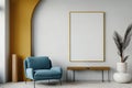 Mockup of blank frame in modern Scandinavian vivid interior with armchair, sculpted arch and green plants, stylish