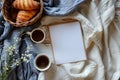 Mockup of blank menu for coffee shop or bakery shop, flat lay menu white sheet template on table with drink cup, textile Royalty Free Stock Photo