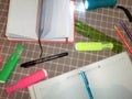 Mockup notepad, diary with pen, pencil, ruler, markers and a flashlight