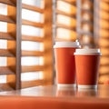 Mockup of blank paper cup. Coffee drink in paper cups on table. Two Orange disposable cardboard cups against window on Royalty Free Stock Photo