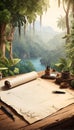 Mockup of blank paper sheet and tropical view