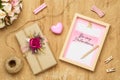 Mockup Blank photo frame for Valentines day concept. Top view of mock up photo frame with beautiful craft gift box decoration and Royalty Free Stock Photo