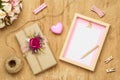 Mockup Blank photo frame for Valentines day concept. Top view of mock up photo frame with beautiful craft gift box decoration and Royalty Free Stock Photo
