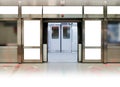 Mockup of blank poster advertising space in generic train station. Straight front view of MRT platform, without people.