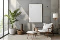 Mockup: Blank Poster Frame on Concrete Living Room Wall Royalty Free Stock Photo