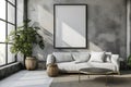 Mockup: Blank Poster Frame on Concrete Living Room Wall Royalty Free Stock Photo