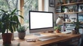 Mockup blank screen computer desktop at home. Generative AI