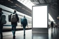 Mockup of blank showcase billboard with moving train and people at train station on background. Generative AI