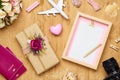 Mockup blank space picture frame for travel with valentines day & love season background concept. Top view of mock up photo frame Royalty Free Stock Photo