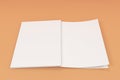 Mockup of blank white open brochure lying with cover upside on orange background Royalty Free Stock Photo