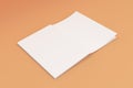 Mockup of blank white open brochure lying with cover upside on orange background Royalty Free Stock Photo