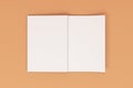 Mockup of blank white open brochure lying with cover upside on orange background Royalty Free Stock Photo