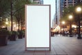 Mockup. Blank white vertical advertising banner billboard stand on the sidewalk in modern city Royalty Free Stock Photo