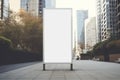 Mockup. Blank white vertical advertising banner billboard stand on the sidewalk in modern city