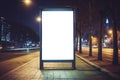 Mockup. Blank white vertical advertising banner billboard stand on the sidewalk at night