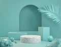 Mockup Blue Platform Set With Palm Leaf And Rock Concept Abstrat Background 3d Render Royalty Free Stock Photo