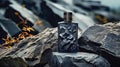 Mockup of a bottle of men's perfume standing on a stone Royalty Free Stock Photo