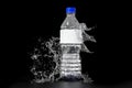 Mockup of bottle with splash water isolated on black background. white blank label. Water bottle advertising. 3d illustration Royalty Free Stock Photo
