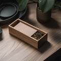 A mockup for brown paper cards with wooden box for natural minimalist product